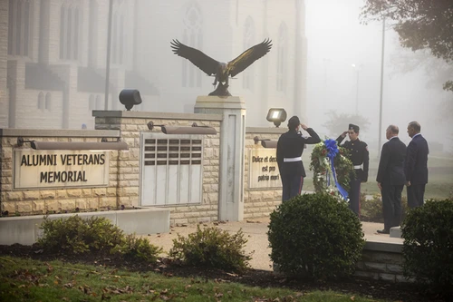 Former Missouri Gov. Mike Kehoe and College of the Ozarks President Brad Johnson participate in laying a wreath to honor College of the Ozarks and School of the Ozarks alumni who made the ultimate sacrifice for the country.